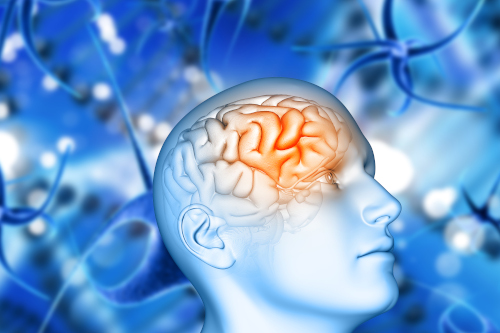 500 3d male figure with brain highlighted virus cell background